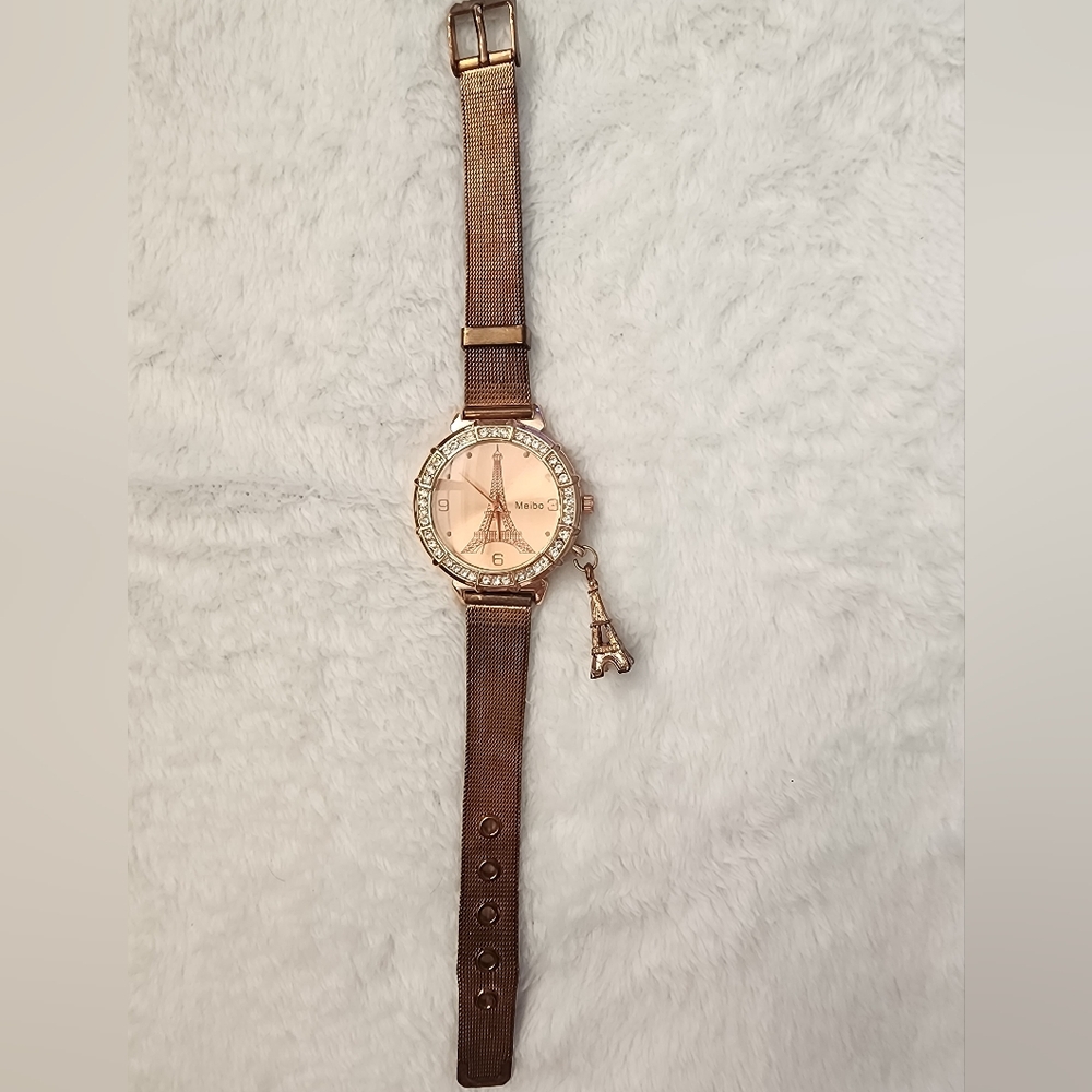 Elegant Rose Gold Watch with Eiffel Tower Charm